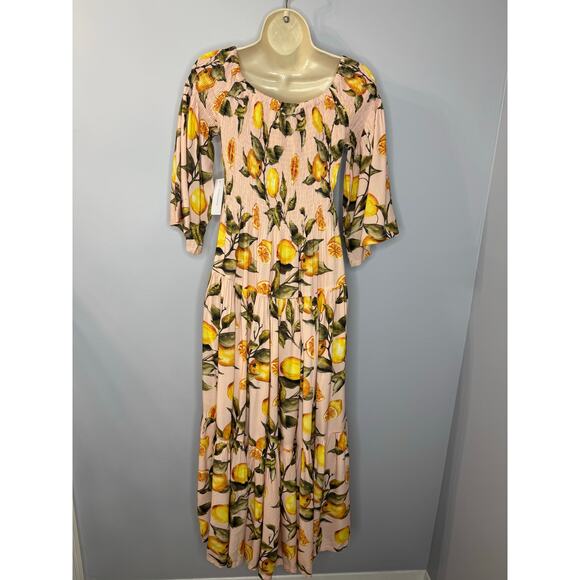 Alexia Admor Amabella Smocked Off-the-Shoulder Madi Dress Lemon Print M - Picture 12 of 14
